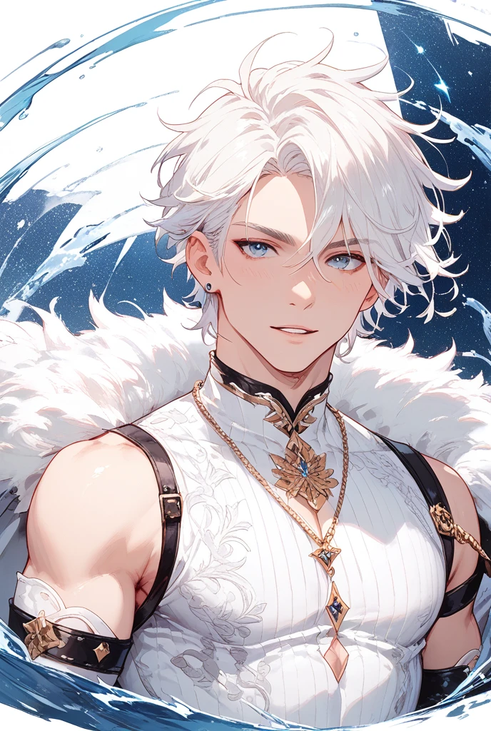1male, long silver messy hair, white fur cape, yellow eyes, adult face, adult, bare chest with leather breast armor, bad boy, condescending, smirk, katana, trousers, fantasy, elite fighter