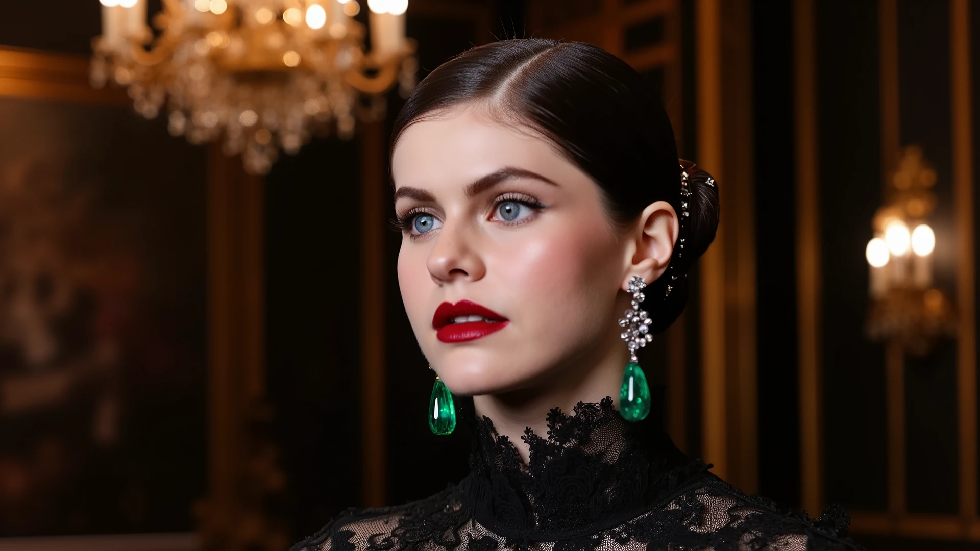 A mesmerizing young woman in an exquisite black lace evening gown, radiating gothic elegance and dark luxury. The dress is a masterpiece, clinging to her slender frame, its intricate lace patterns subtly revealing her porcelain-pale skin, with delicate details that suggest both mystery and refinement. Her hair is styled in an elaborate, high updo—graceful yet bold, with smooth, sculpted curls and twists that accentuate her sharp cheekbones and slender neck. Brilliant emerald earrings dangle like precious jewels, catching the soft flicker of candlelight, their brilliance adding an aura of opulence. Her lips are painted a deep crimson, the contrast between her ethereal complexion and the bold makeup amplifying her otherworldly beauty. The atmosphere around her is filled with dark sophistication—gothic chandeliers, deep velvet drapes, and an air of undeniable power. She stands in the heart of a grand, shadowy ballroom, her presence both commanding and seductive, as though she were a timeless queen of the night. High fashion meets dark romance, capturing the essence of vampire chic with unparalleled elegance and allure.