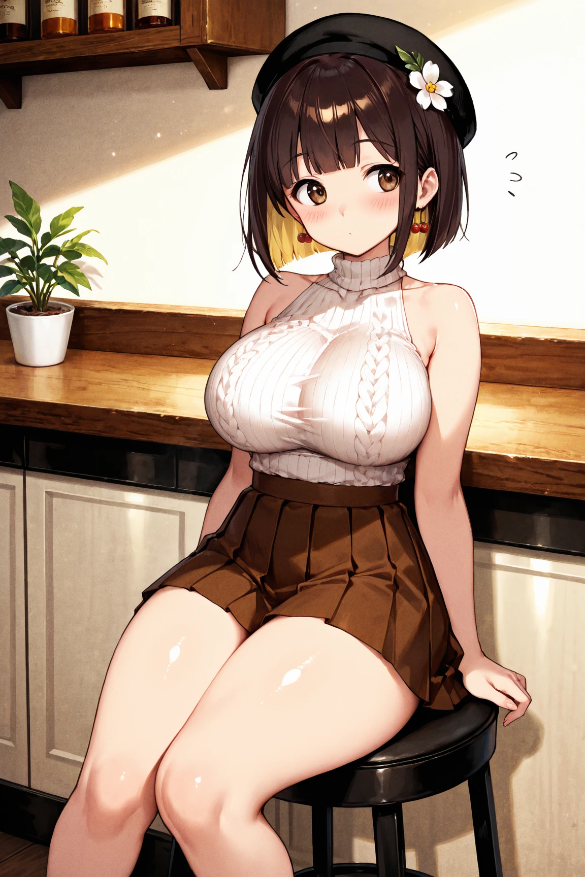 (from above:1.0),(from side:0.9),masterpiece, 1girl, Amazing Cleavage:1.1, thin waist, big ass, Raised sexy, small breast: 1.3, posed cleavage:1.2、solo, looking at viewer, open mouth, have a cute grass of cute beergrass,black hair, dark green eyes, dress, bare shoulders, jewelry, collarbone, sidelocks, hairband, earrings, indoors, off shoulder, :o, sweater, arms behind back, plant, short hair with long locks, gild hairband, off-shoulder dress, sweater dress, off-shoulder sweater, red sweater, dark gord hair, big side hair, very long side hair,is rendered in (masterpiece: 1.2, best quality), with (ultra high resolution) and an exquisite (depth of field). This masterpiece is not only visually stunning but also tells,A scene of cooking in the kitchen by classroom