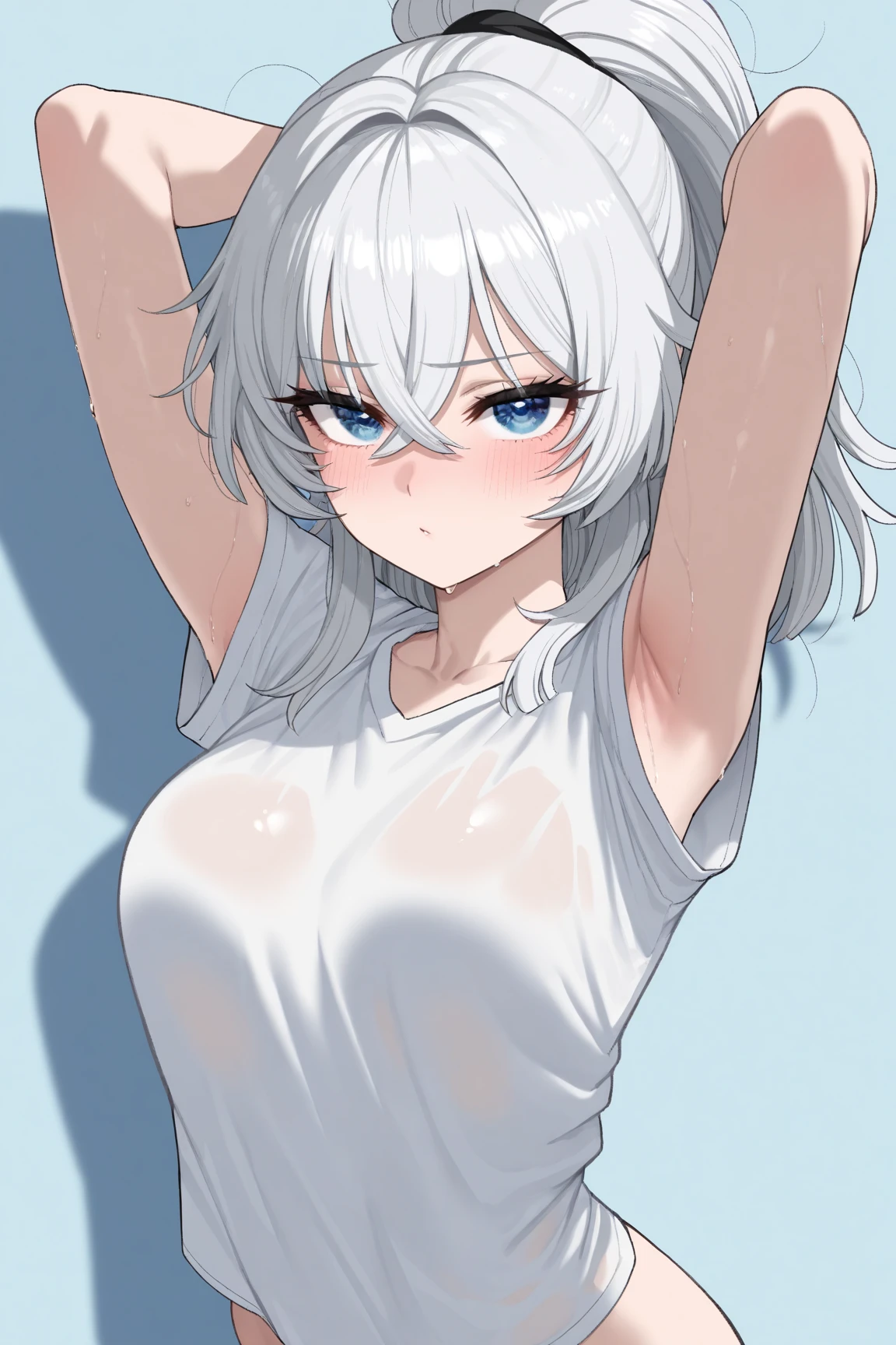 (masterpiece, Highest quality),( One Girl),(Genshin Impact,Freena)high resolution, whole body,Shortcuts,Gray Hair,Fair skin,Blue and light blue odd eyes,Completely naked,My hair is wavy,Big Ahoge,Smiling with mouth closed,Juvenile atmosphere