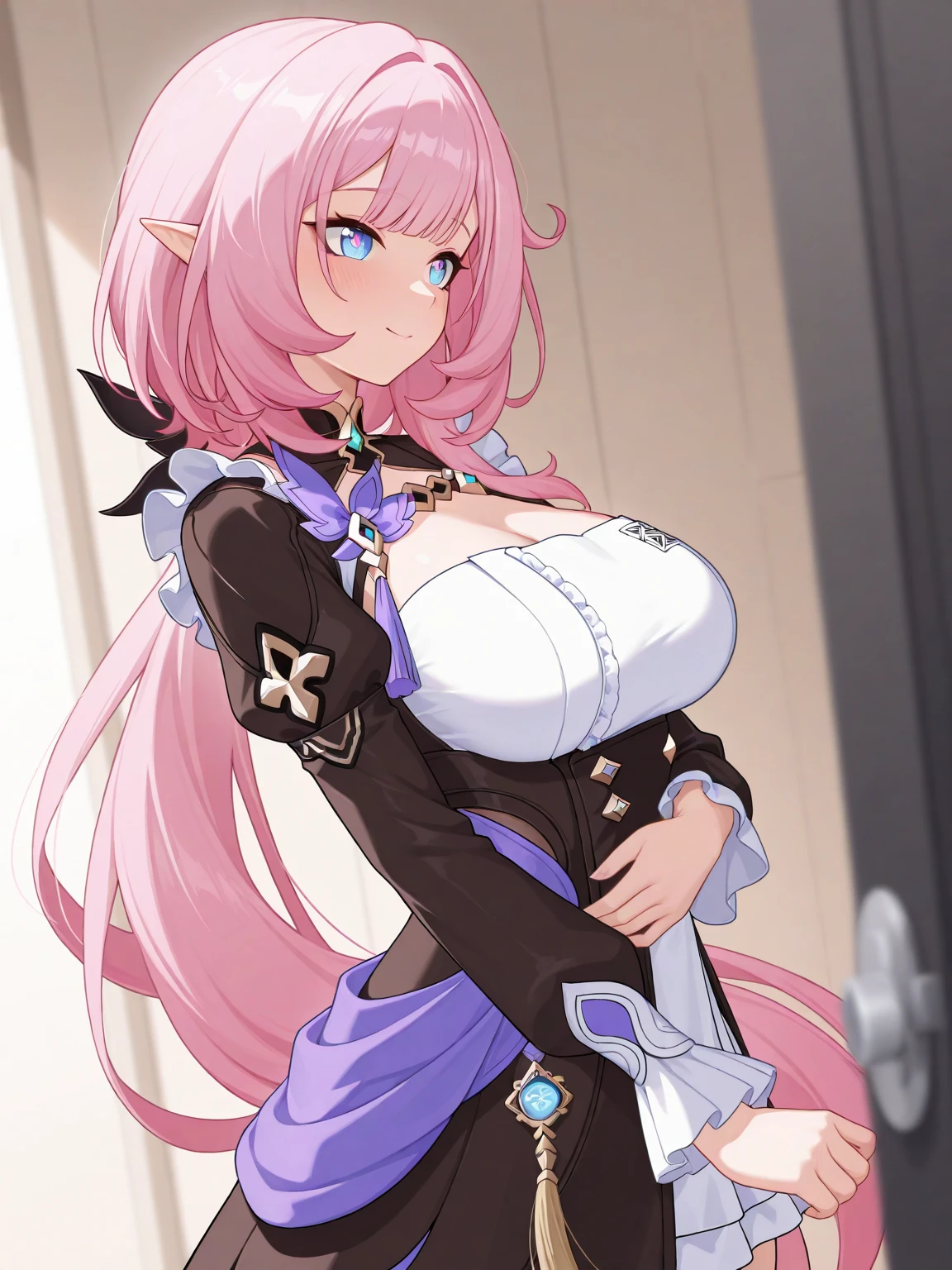 1 girl, Pink hair, curly hair, pink eyes, unique pupils, smiling, medieval-style outfit, long elf ears, incredible quality, masterpiece, curvy, medium-large breasts, cleavage, gorgeous, white horns, shorts, corset top, jacket, fluffy jacket, elf, side-part half bangs, blunt bangs, curly hair