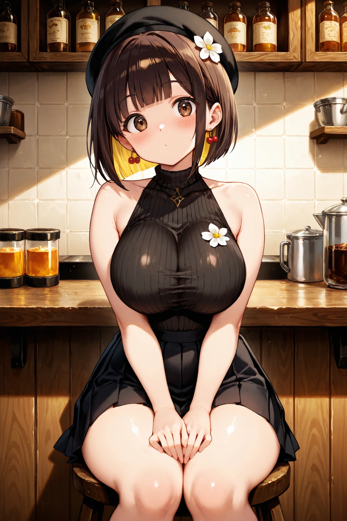 Provocative and stunning woman, barista ,Alone , monkey apron , Starbucks, Cafe, Detailed slender and curvy bodies with huge oppais and nude