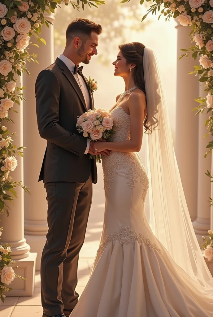 A imagem mostra uma linda jovem loira usando um vestido de noiva branco,  Standing in a big ballroom, luzes desfocada ao fundo. She is holding a bouquet of flowers in her hand, and her elegant appearance suggests she is a bride. , lugar lindo, romantic scenery, a romantic atmosphere. The woman&#39;s smile and the presence of the bouquet indicate that she is happy and excited about her special day.