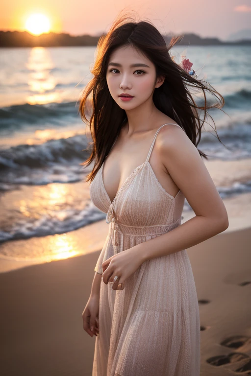 Create a high-quality, hyper-realistic portrait of a very beautiful Japanese idol. She is wearing a clean white summer dress and is squatting on the beach during sunset at sea. The deep indigo of the night sky contrasts with the last vestiges of crimson near the horizon, with swaying waves in the background. The girl has semi-long hair and a slender body with small breasts. The photo should capture her with detailed eyes, a detailed face, and a beautiful, sophisticated nose. The image should have a realistic, delicate, and finely detailed quality, suitable for a fashion magazine cover. Use cinema lighting and soft light to enhance her features. Ensure the photo is of the highest quality, with a resolution of 8K, making it perfect for a 2K wallpaper.