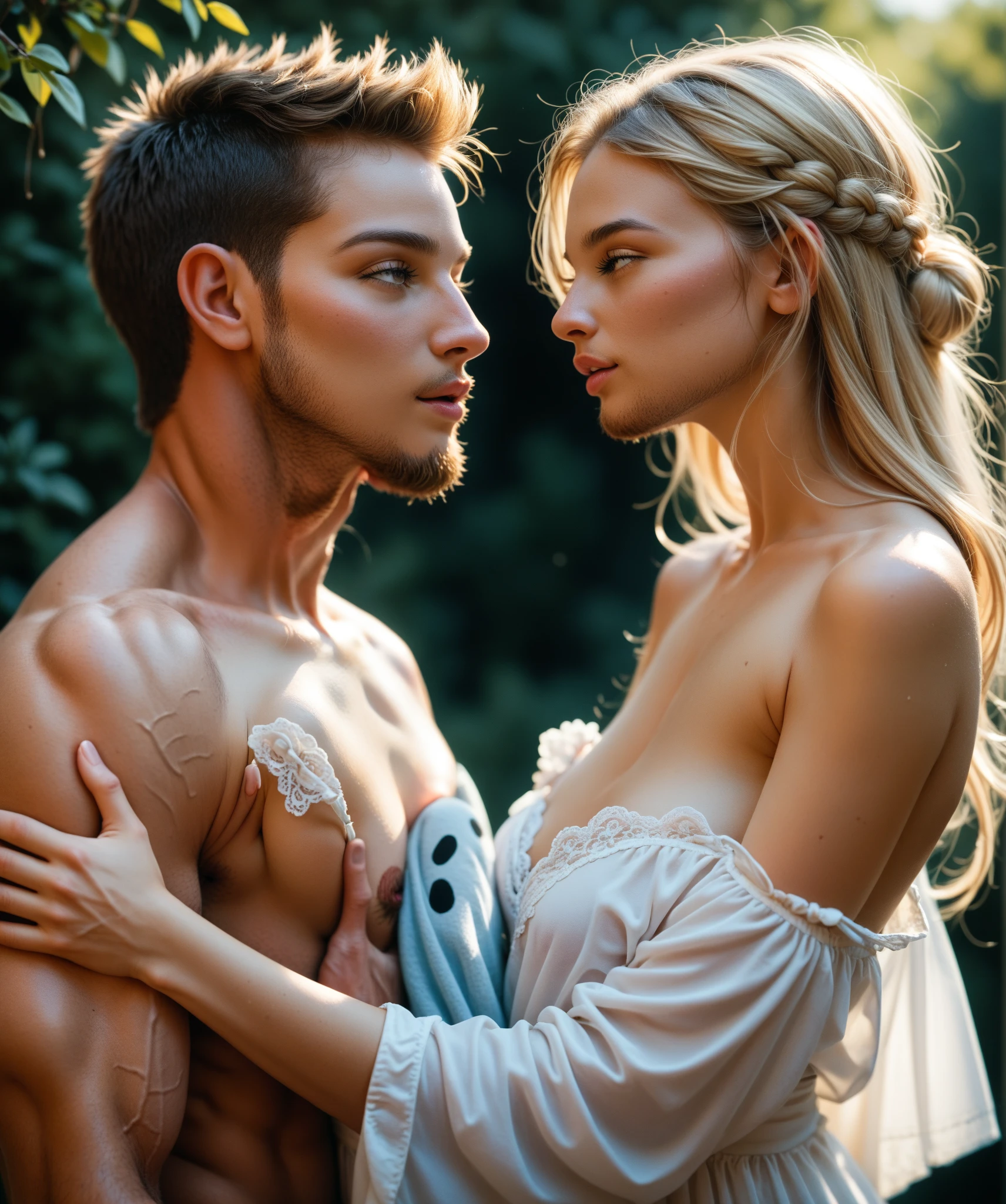 Half naked blonde girl with blue eyes and a guy carrying her from behind