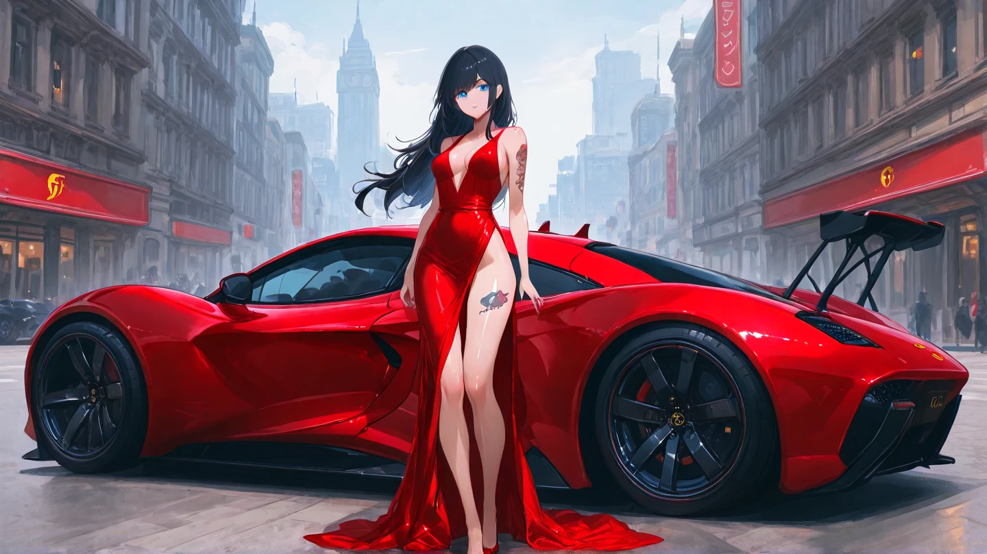 A woman wearing a low-cut red dress, empty shoulders, long black hair, Ahoge, golden bow in her hair, golden feather in her hair, red eyes, smiling, red heels, long brown stockings, standing on, full length, a concrete runway on the side of a luxury red car, big breasts, night location, background lit location with trees,solid circle eyes, Surrealism, drop shadow, anaglyph, stereogram, tachi-e, pov, atmospheric perspective, 8k, super detail, ccurate, best quality, award winning, textured skin, highres, anatomically correct, bokeh effect, (woman solo)
