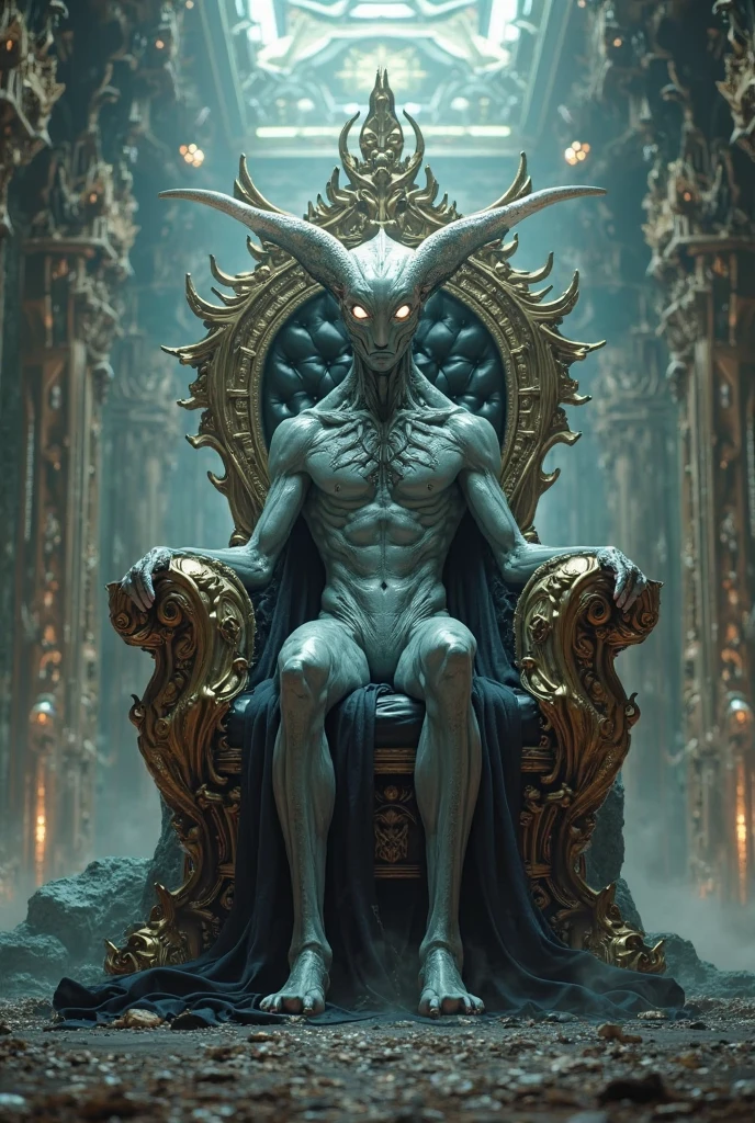 arafed male in a golden costume sitting on a throne, screenshot from morbius (2022), william dafoe, by Þórarinn B. Þorláksson, cloven feet and horns, style of maciej kuciara, elven male, chest legs, pierce brosnan, is tall, elaborate costume --auto --s2
