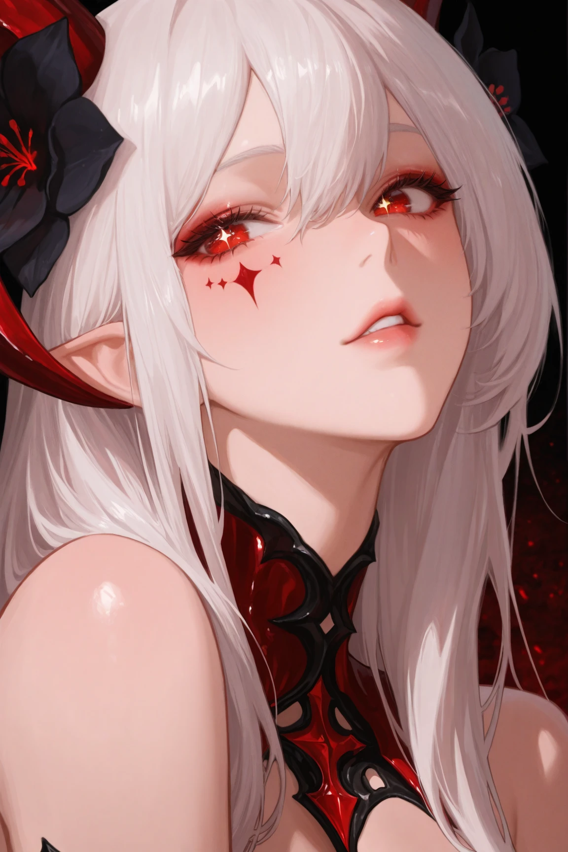 one young man, (((male))), (((man))), (((one person))), (((single))), (((solo))), 1guy, (((white skin))), (((white colored skin))), (((white-skinned))), ((marble skin)), (porcelain skin), (((white hair))), (((white colored hair))), (((red colored eyes))), ((medium short hair)), (chin-length hair), wavy hair, (((slim body))), ((flat chest)), (((wearing fantasy clothes))), ((fantasy style)), ((wearing flowers in his hair)), flowercrown, ((pointy ears)), sunny weather, smooth skin, ((alone)), blood splatters on face, blood splatters on skin, blood stains on clothes, smiling