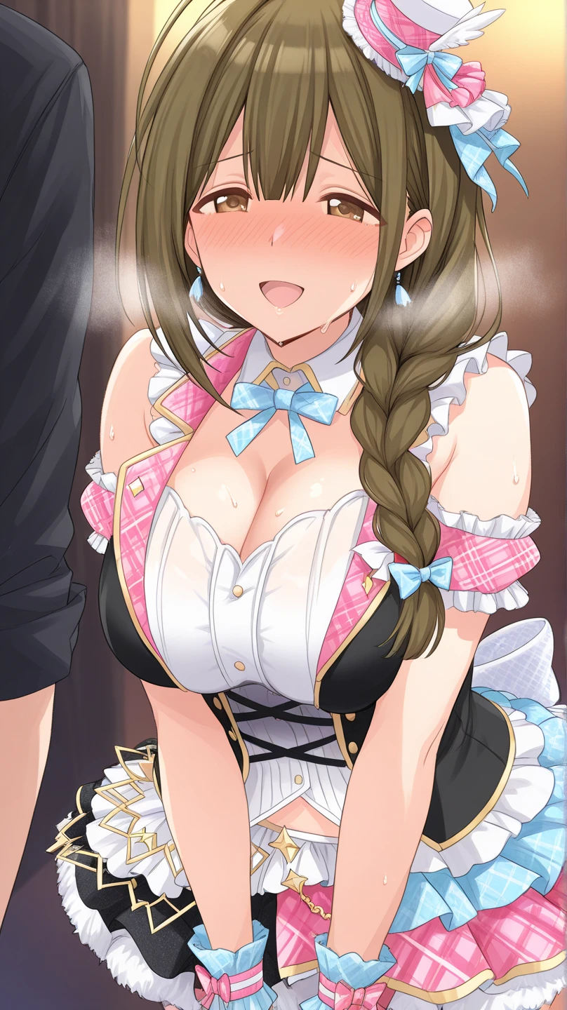 ((Highest quality)), ((masterpiece)), (detailed), (Perfect Face)、The woman is Princess Leona, with light brown, medium-long hair, wearing a Victorian maid outfit and giving a blowjob.、The woman is brainwashed and is sucking the dick of a nobleman with no expression or highlights in his eyes.、The man is ejaculating with great force, his penis is wet with semen, and his testicles are being massaged by the woman.