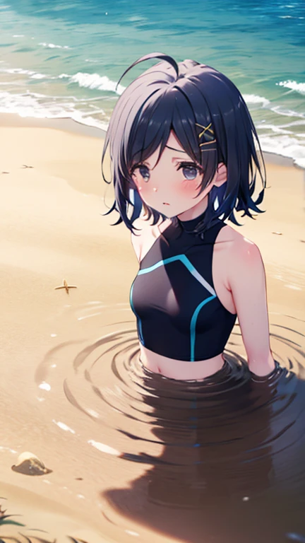 ultra-absurdres-Top quality by artist God, ultra-detailed, high resolution, anime moe artstyle, best anime 8k konachan wallpaper, pixiv contest winner, perfect anatomy,break, 1girl, (Please draw a picture of a girl in a swimsuit walking on the beach alone. )break,(Solo,little female, 13-year-old:1.3),Full limbs, complete fingers,a junior high school student, Attractiveness of immature bodies, (very short hair), short cut, flat chest, , small butt, small black eyes, beautiful detailed eyes, well-proportioned iris and pupils, expressive eyes, highres detailed hair, soft expression, (wet), Shiny skin, swimsuit, (Detailed Lighting), (Detailed background),Behind a rock with no one around, in the beach. break,super detailed skin, Best cinematic lighting powered by famous artist, 8k,beauty illustration,photoshop_(medium),very aesthetic,break,((artist:shinkai makoto )), artist:akinashi yuu ,artist:oyari ashito ,artist:kantoku ,