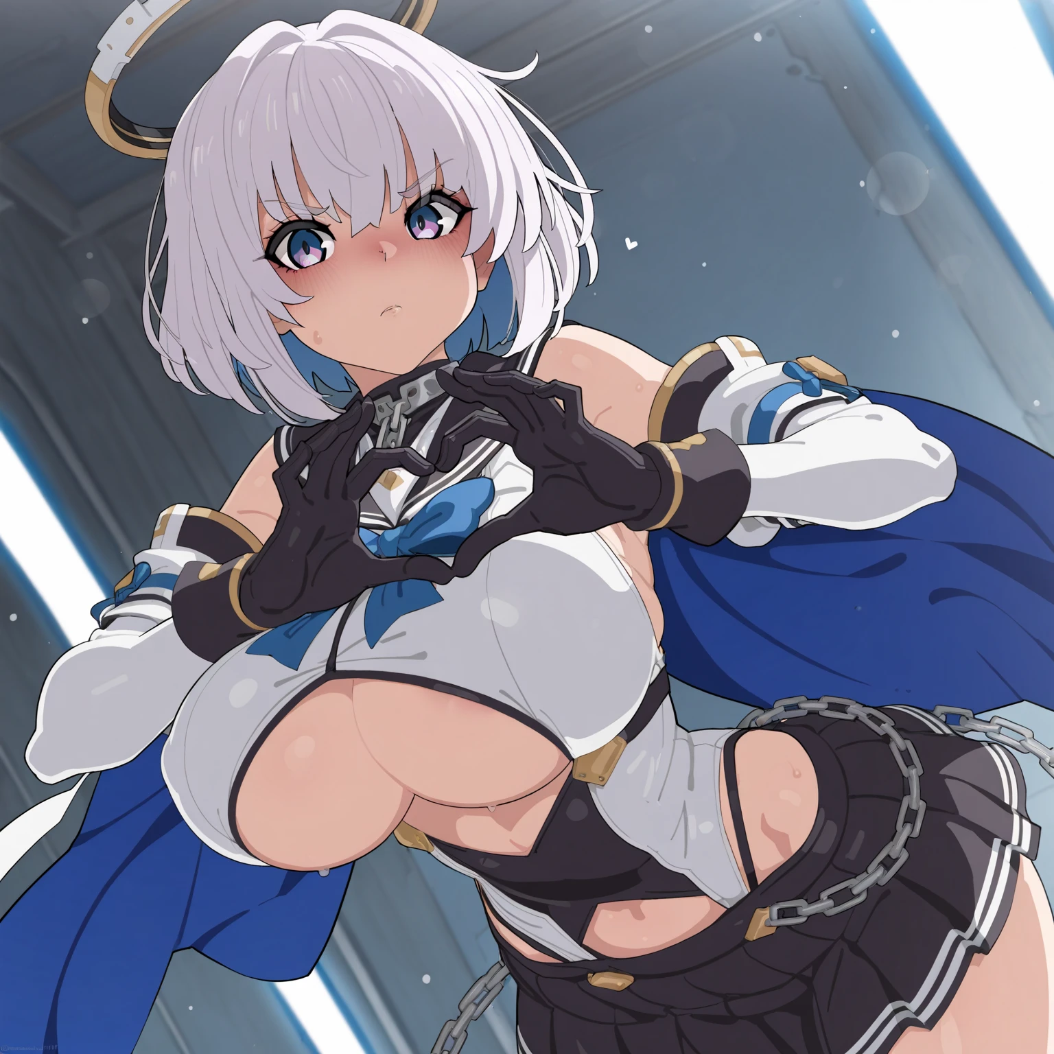 beautiful, masterpiece, Highest quality, anime, One girl, C Cup,Portrait Shot, View your viewers, Covered、Short Hair、nearby、Blue Eyes、art、、White hair,Blue streaked hair、hairpin、Cute Shy、Thighs、Cute、blue sky、Beautiful breasts、Full Harness、valley、Nipples、Pussy、Sweat、Under Harness、Body Harness、Nude、Tightening、Penetration、Tortoiseshell binding、Bondage、bondage、handcuffs、Lying on your back、studio、Double Peace、heart hands、With a thick paint、Body stockings