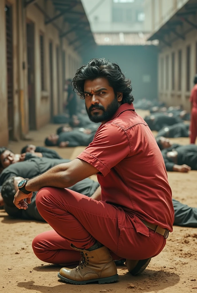 Main character:-ram charan with body with white shirt and black pant and black shoes in his shirt blood drops are visible and listings music with chill mood. And 

Background:-  in the glass place every were every where in was blood and dead body laying in the floor. Dead body are there

Villains:- huge body builders more than 50 peoples with dangerous weapon and move the weapons towards main character in angry mood attack the main character with a circular position  looking towards main character in angry mood to going to kill Main character  dead body are there
