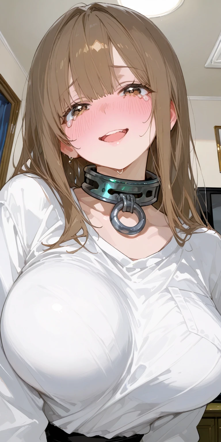 (masterpiece)), ((best quality)), (ultra-detailed), NSFW, ((torture chamber)),a cute girl, 1girl, solo, (white mini tanktop dress),(chain bound arms), (both hands are bound and is hung from the ceiling),bdsm,shibari,restrained,((thin waist)),(((single belt strongly bound waist))),beautiful brown hair, beautiful blue eyes, (beautiful eyes), long hair,troubled expression