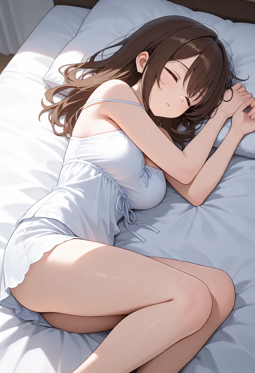 A girl with long brown hair,Lie down in bed,Naked。quadratic element --auto