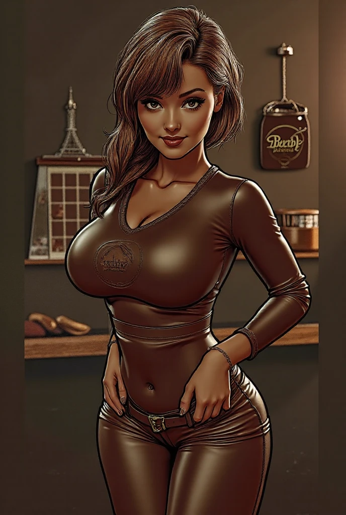 (masterpiece), best quality, expressive eyes, perfect face, (tavern background), (standing), (smirk), (closeup view), (1girl, vanessa alessia, dark skin, tanned skin, brown hair, wavy hairstyle, brown eyes, hourglass figure, thin body, skinny body, petite_body, medium breasts, thick thighs, long fingernails, white front lace blouse, long sleeve, loose fit, brown leather corset, brown leather shorts, brown boots, sheathed cutlass sword, flintlock pistol in holster, hoop earrings, miscellaneous jewelry),  big breasts, stripping, elegant makeup, exhibitionism, naked in public, , slim thighs, toned body, shiny skin, sexy pose,narrow hips, wearing high hip thong and see-through top, amber eyes, (((girl stripping on table))) extendeddownblouse_v10