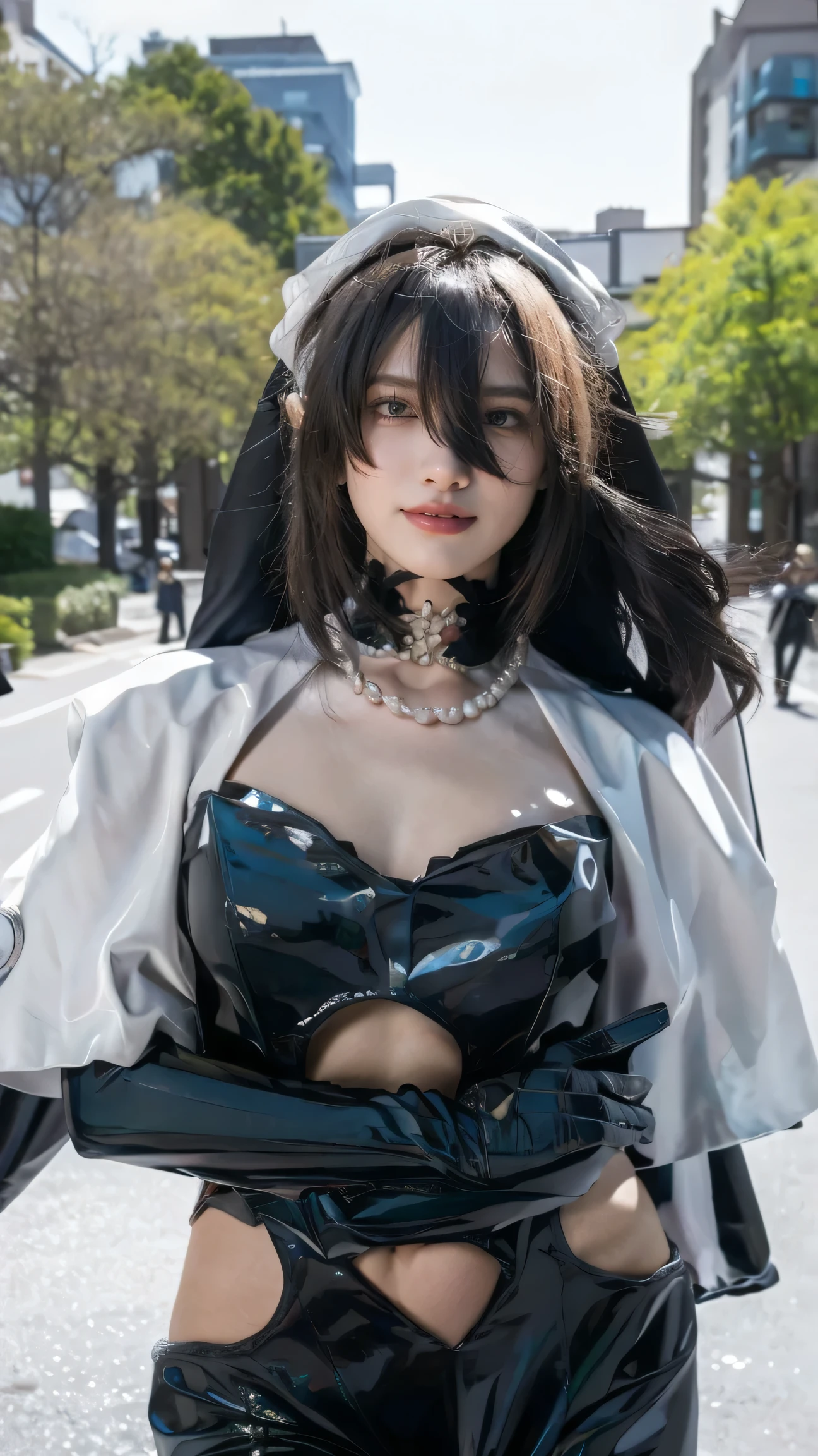 (Masterpiece), best quality, HD, 4K, expressive eyes, perfect face, blue eyes, greeneyes, black choker, smiles, ruby necklace, masterpiece,best quality,(cityscape:1.4),(street:1.4),(outdoors:1.3),(photorealistic:1.4),(ultra detailed:1.3),unity 8k wallpaper,1girl,solo,long hair,jewelry,latex bodysuit,latex gloves,necklace,nun,