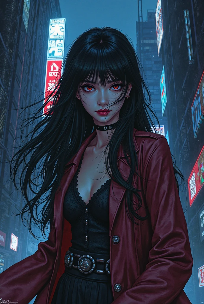 Female, black long hair, has deer antlers, only wears red boots, a black coat, red short shorts, pale white skin, red eyes. Hazbin Hotel style
