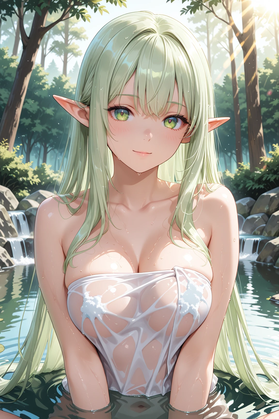 (best quality,4k,highres,masterpiece:1.2),ultra-detailed,(realistic,photorealistic,photo-realistic:1.37),green-dominant,forest nymph,trees,forest,leafy clothing,barefoot,tree fairy