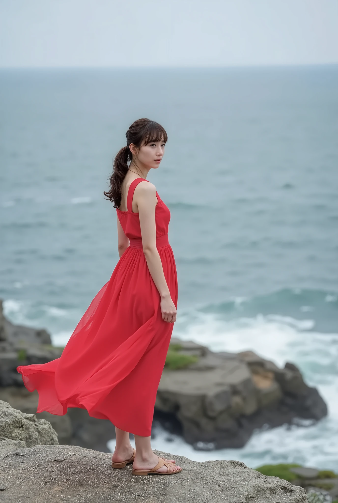 A breathtakingly beautiful Japanese idol stands on the edge of the rugged cliffs of Tojinbo, her slender frame trembling in the salty wind. Her semi-long hair is tousled by the stormy air, framing her delicate yet resolute face. She is dressed in a striking early summer outfit—vivid, bold colors clashing against the somber atmosphere of the scene. The moment is cinematic, the climax of a suspense film: she has been cornered, forced into confession. Her eyes shine with desperation, lips parted as she utters the truth. Below, the restless sea crashes violently against jagged rocks, echoing the turmoil within her. The lighting is dramatic, heightened contrast emphasizing her expression—raw emotion and cinematic intensity captured in hyper-realistic detail.