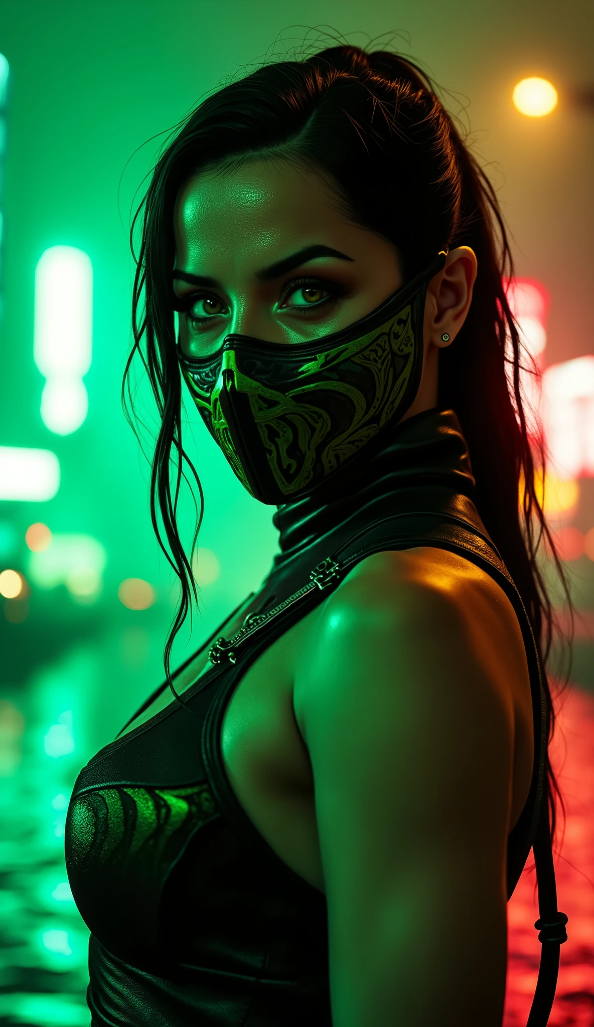 Ana de Armas jade from Mortal Kombat, upper part of the body with its adamantium mask with green details in tribal hyper realistic background with black and gold details in the background a view of the San Francisco bridge with night rain and green and red neon lights reflected in the pools of water, luzes que brilhao
