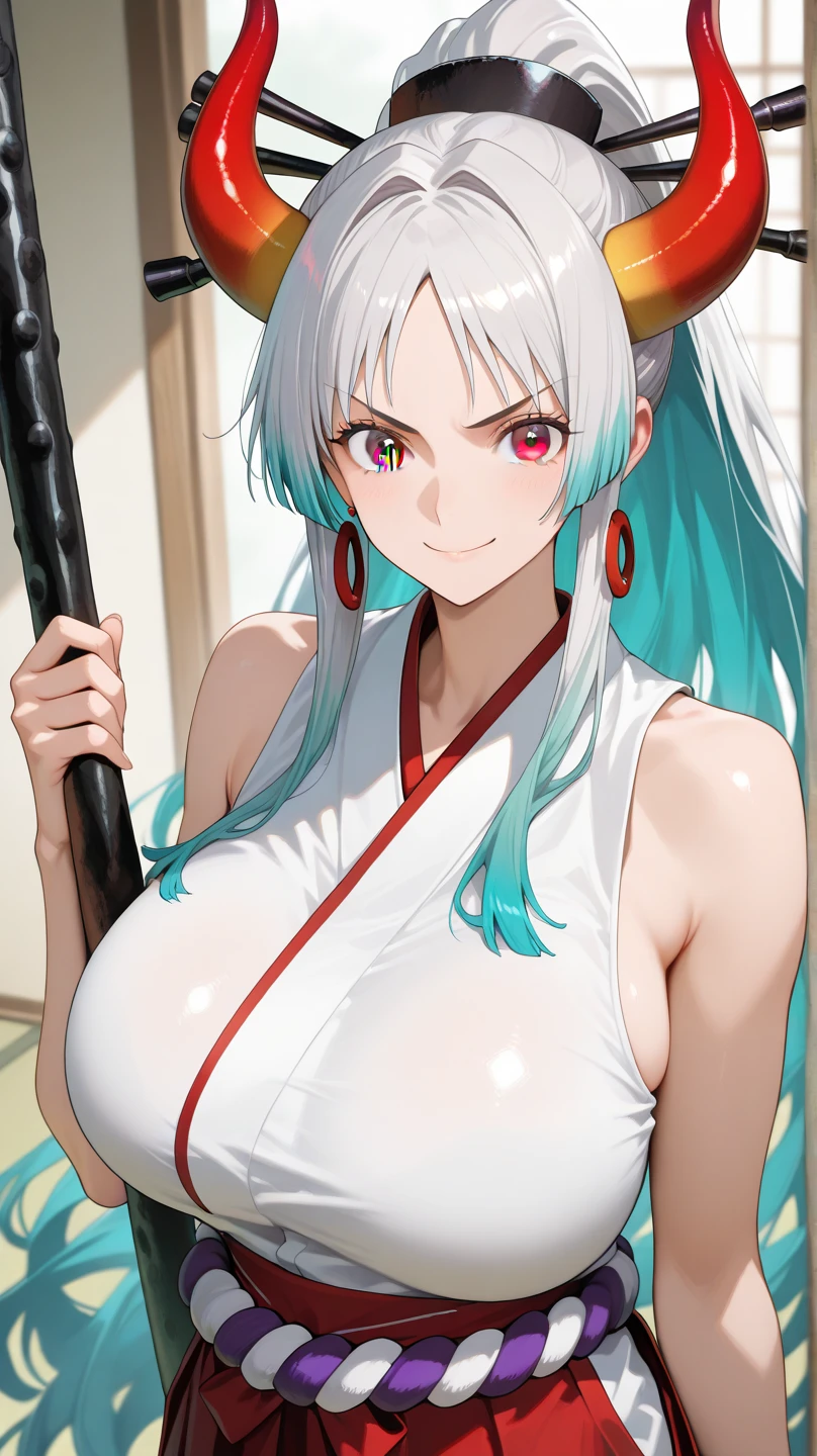 muste piece、((very detailed背景、delicate pattern、intricate details))、(very detailed、fine details)、highest quality、beautiful lighting、Onigashima、thunder eight trigrams、thunder eight trigrams、thunder eight trigrams、(((big tits milf、big tits milf、big tits milf、、slim girl、非常にslim girl)))、(cowboy shot) 、Yamato V2、long hair、1 girl、horn、gray hair、solo、Shira、赤いhorn、カールしたhorn、hair ornaments、(多色のhorn)、jewelry、earrings、Komono、kimono、hair stick、light blue hair、side lock、フープearrings、Hakama、smile、満面のsmile、((orange eyes))、simple background、cowboy shot、Full body Esbian、(Depicted from head to foot)、