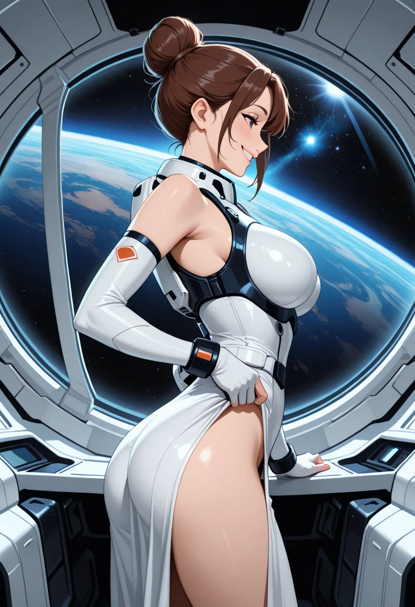 Hitomi Tanaka as Princess Leia, (translucent white sheer gown extremely revealing, iconic side bun hairdo,) she is receiving hard anal sex from huge dick stormtroopers, on a space station