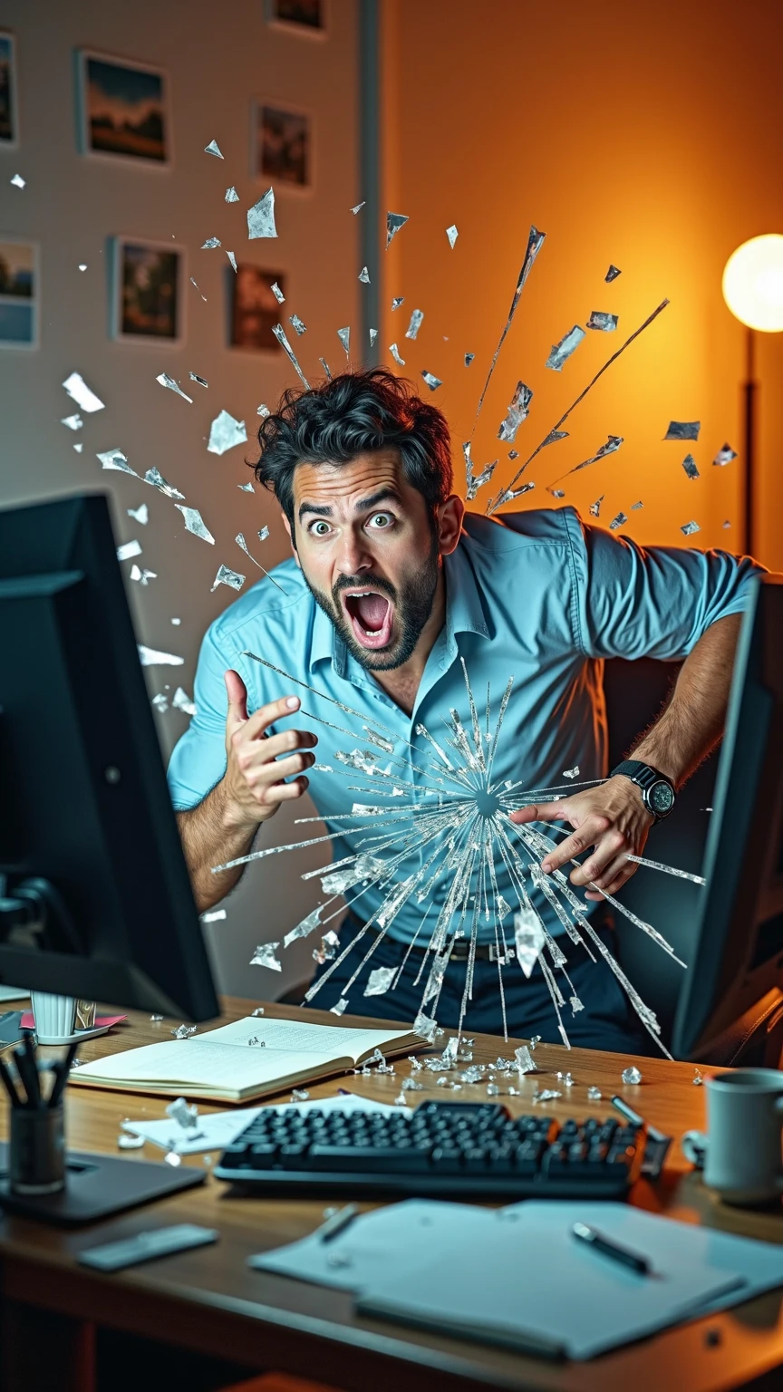 Expressing the moment when the glass of a computer monitor violently shatters ,Broken Computer, Comedy style , 4K, high resolution, Photo Real, Studio Lighting, extreme detail, Professional, vivid colors, Bokeh, confused posture, Broken Keyboard,  scream, Damaged Display, Restless Office, Funny Situations,in a dynamic motion,orange lighting 