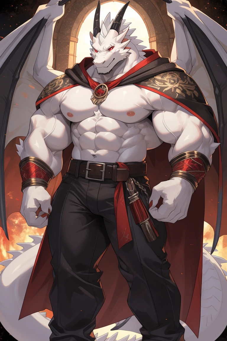 (sfw:1.5), male focus, Handsome 1boy, solitary, single，protrait photo, (Light blond thick eyebrows:1.3), (Black nails, Black Claws:1.3), (Dark brown dragon wings, Translucent wing membrane:1.5), Dark brown skin, Light blond chest hair, Light golden belly hair, (Dark brown tail:1.4), White fangs, (Perfect red eyes:1.4), (Dark brown ears, Dark brown body:1.3), (Dark brown thick horns, Dark brown horns, Dark brown curved horns:1.4)， (Dark brown dragon tail:1.2), (Light blond hair:1.4), (Beige chest, Beige abdominal muscles:1.1), 
demon, feet, Demom, devil, devil boy, devil body, Demom boy, Demom body, (evil eyes, big eyes, large eyes:1.4), (demon的尾巴:1.4), (Chubby, The body is huge, Larger face:1.4), (Bare neck:1.4), 
( uniform:1.5), (Black and red robe:1.4), (Red belt:1.3), (A red jade pendant hangs around the waist:1.3), (Brown boots, Red shoelaces:1.2), (Red clothes texture:1.3), (Mars splashes, spark:1.2), 
(full body:1.3), (Mature men:1.4), (Strong body, muscle,Strong male, muscle男:1.3), (Chest muscles:1.3), Bare chest, (Thick arms, Strong and strong legs, Strong legs:1.3), (flight, Standing:1.3), (Looking at the audience, Focus, Eyes gaze:1.2), (charming, charm, :1.3), (evil smile, evil grin, Smirk:1.3), 
full background, Night, Mountains and rivers, hell, confusion, magma, flame, Broken Ground, 
Mysterious and romantic atmosphere, Caustic lines(refraction, polarization)Perfect anatomical structure, absurd, Detailed background, (Delicate eyes:1.3),Printing style。((artist:Takemoto Arashi))