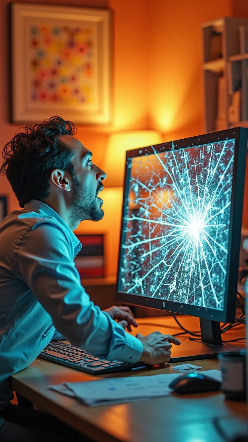 Expressing the moment when the glass of a computer monitor violently shatters ,Broken Computer, Comedy style , 4K, high resolution, Photo Real, Studio Lighting, extreme detail, Professional, vivid colors, Bokeh, confused posture, Broken Keyboard,  scream, Damaged Display, Restless Office, Funny Situations,in a dynamic motion,orange lighting 