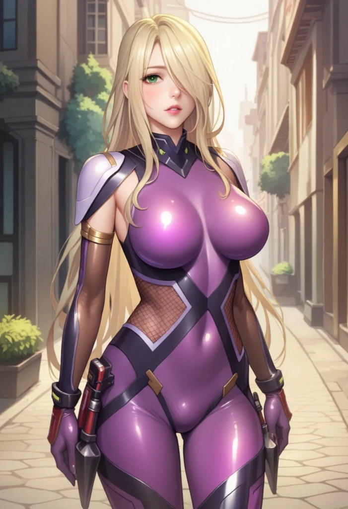 Best quality, 8K, woman retro super hero futurism, beautiful and detailed face, big eyelashes,standing, facing away from the observer, ponytail,golden hair, long eyelashes, light pink shiny leotard, cleavage, metalic details, light tan pantyhose, sheer gloves,black sci-fi scenario