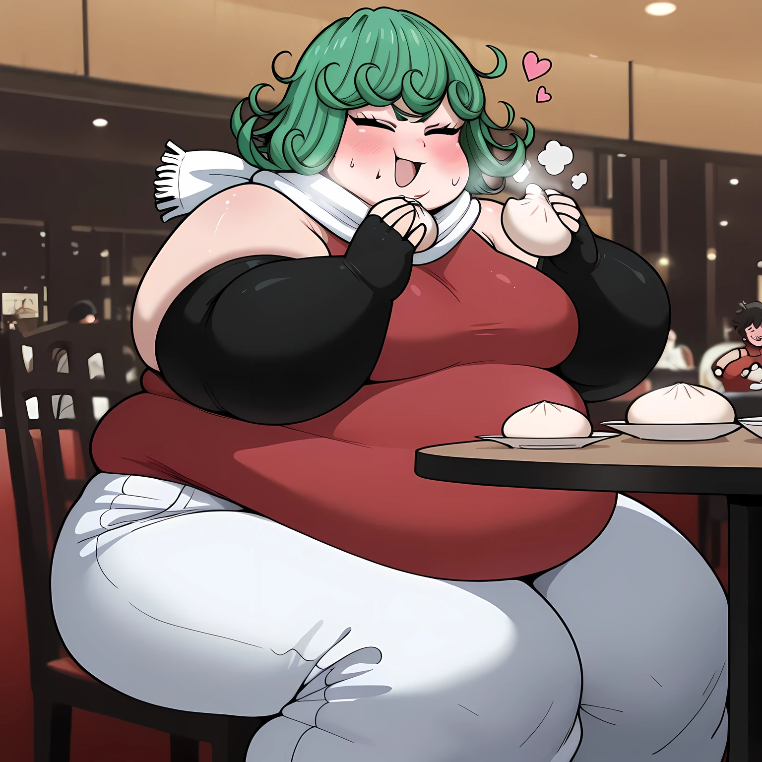 masterpiece, best quality, 1girl, solo Tatsumaki, green hair, short hair, , white scarf, red shirt, sleeveless shirt, detached sleeves, elbow gloves, fingerless gloves, white pants, baggy pants, (large breasts:0.7), sitting, chair, table, plate, baozi, holding baozi, happy, closed eyes, puffy cheeks, restaurant, blush, smile fat, chubby, obese, gigantic arms and legs, large breasts open mouth, out of breath, heart,