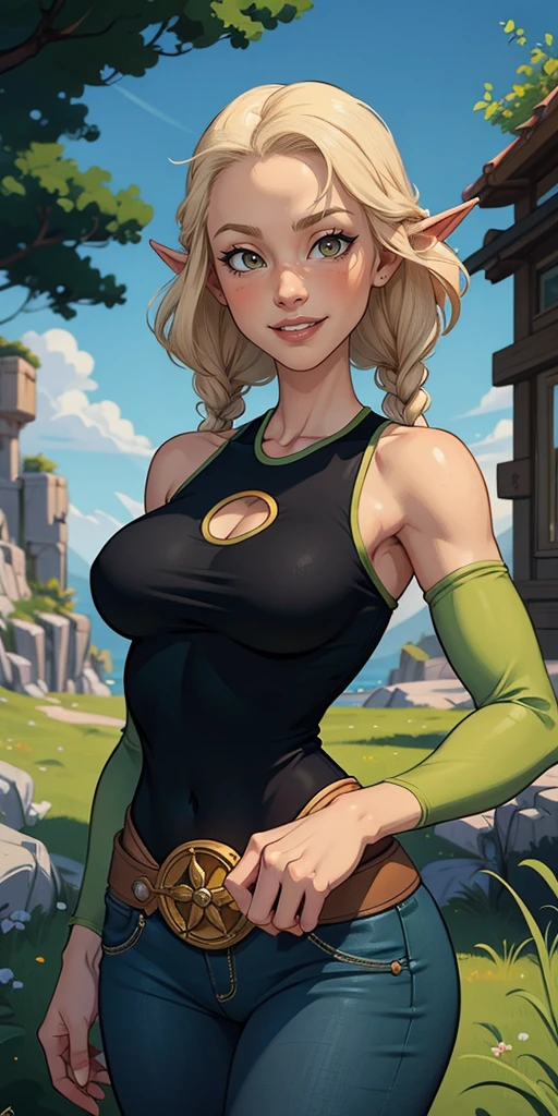 1woman, cleavage, on a beach, hands holding own hips, seductive smirk, big breasts, wide hips, big ass, jaina proudmoore,standing,upper body, curvy,smile,standing