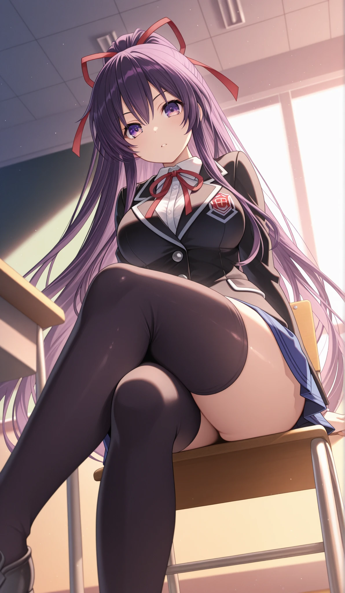 masterpiece, best quality, highres, best quality, highres, akeno himejima, 1girl, long hair, school uniform, black hair, ahoge, purple eyes, large breasts, very long hair, ponytail, orange head bow, breasts, skirt, huge ahoge, socks, stitting, crossed legs, in class, no shoes, stepping,