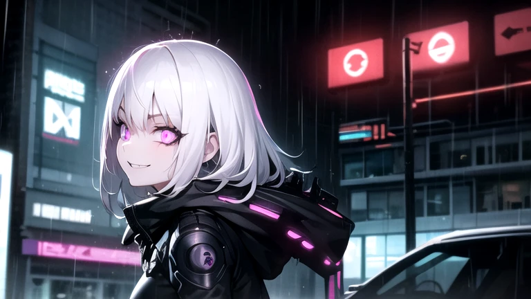 Coldest synthwave anime girl , Silver blue hair , purple eyes , light eye, war background , background detail, rain , rain detail , light , dark , character detail , assassin girl , military uniform, in the city , hand in double blade , girl in dark military uniform and purple neon light , city detail, face detail , cool girl , his beautiful smile, smile detail, night