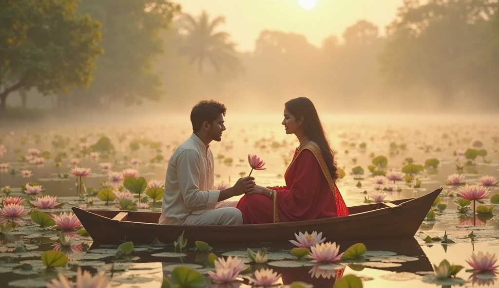সাদা শাপলাবিলে কাঠের নৌকায় বসে এক পাঞ্জাবি পড়া ছেলে শাড়ি পরে দাড়িয়ে থাকা মেয়েকে এক গাদা শাপলা ফুল দিয়ে ভালোবাসা জানাচ্ছে বাংলাদেশি