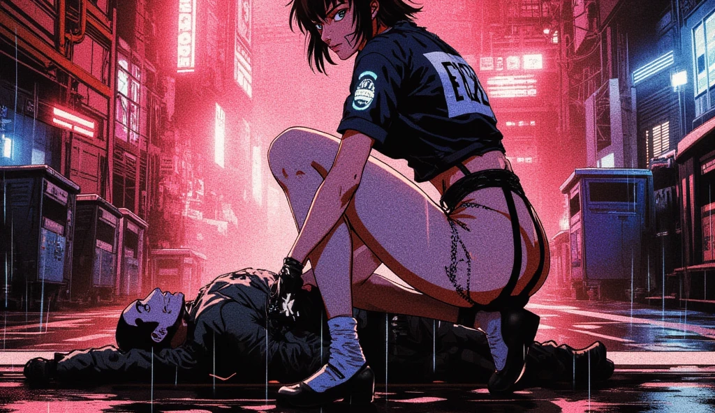 Ghost in the Shell Suko Kusanagi、fullnude、large chest directed upwards、Colossal tits、Embarrassing and embarrassed、In a cyberpunk cityscape、Ahegao、A large amount of love juice flows out、Squirting、Nipple ring、expose yourself naked on the street、Wearing a jacket、squatting on the street、