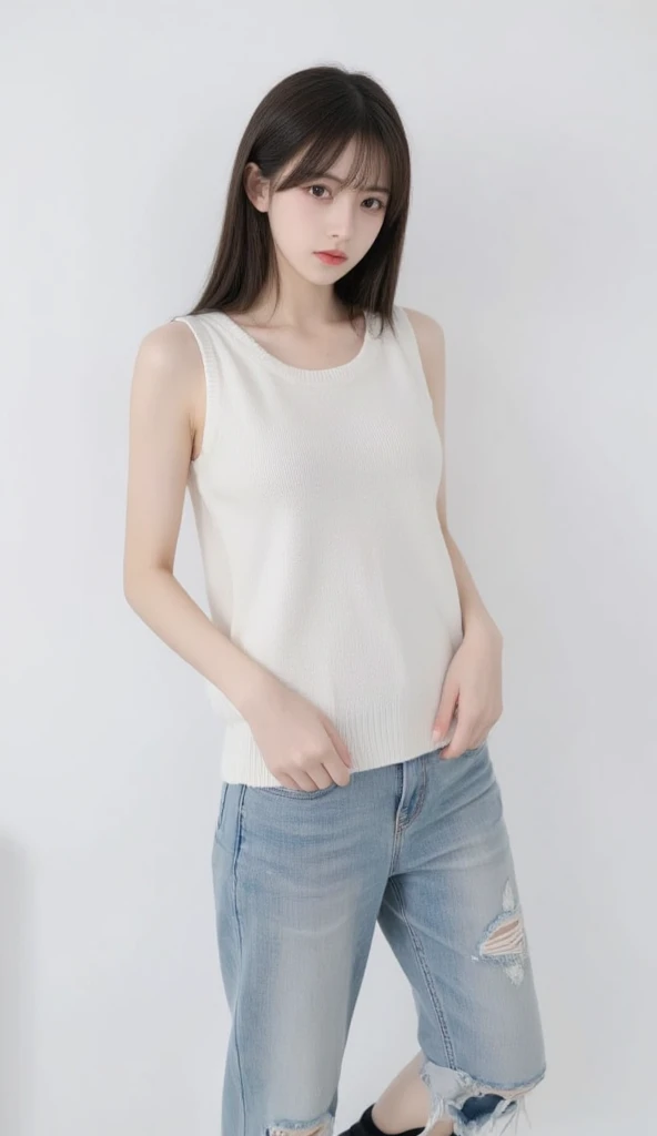 (Best Quality,4K,8K,hight resolution,masutepiece:1.2),Ultra-detailed,(Realistic,Photorealistic,Photorealsitic:1.37), short blonde hair,piercings、a necklace、 10 years old female child,Young features、Small face、Light blue eyes、Ultra-thin body、A charming、hitomi、Super super small breasts、 Shy and cute face, Beautiful smile,Cute smile like a 10-year-old child、no-makeup、Please be drawn with a 10-year-old girl.、Short Tank Top、Ultra mini skirt、
