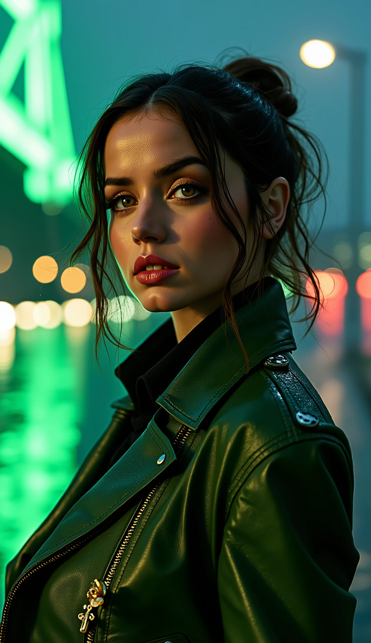 Ana de Armas hyper realistic background she wears a modern green and black outfit with black and gold details in the background a view of the San Francisco Bridge with night rain and green and red neon lights reflected in the pools of water, luzes que brilhao

