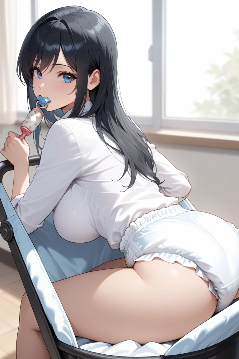 ((best quality)), ((masterpiece)), (detailed), (high quality) perfect face, hinata, huge , big breasts, naked, nude, black thong, thong pulled to the side, showing cameltoe, pussy showing, mouth open, hand on popsicle, mouth open, bright room, red curtains, white bed, wet chest