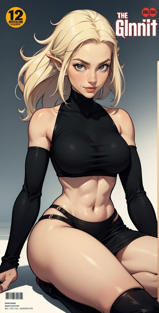 , small chested girl with a good bit of muscle, a faint six pack, wide hips, thick thighs blonde, green eyes, black blank background