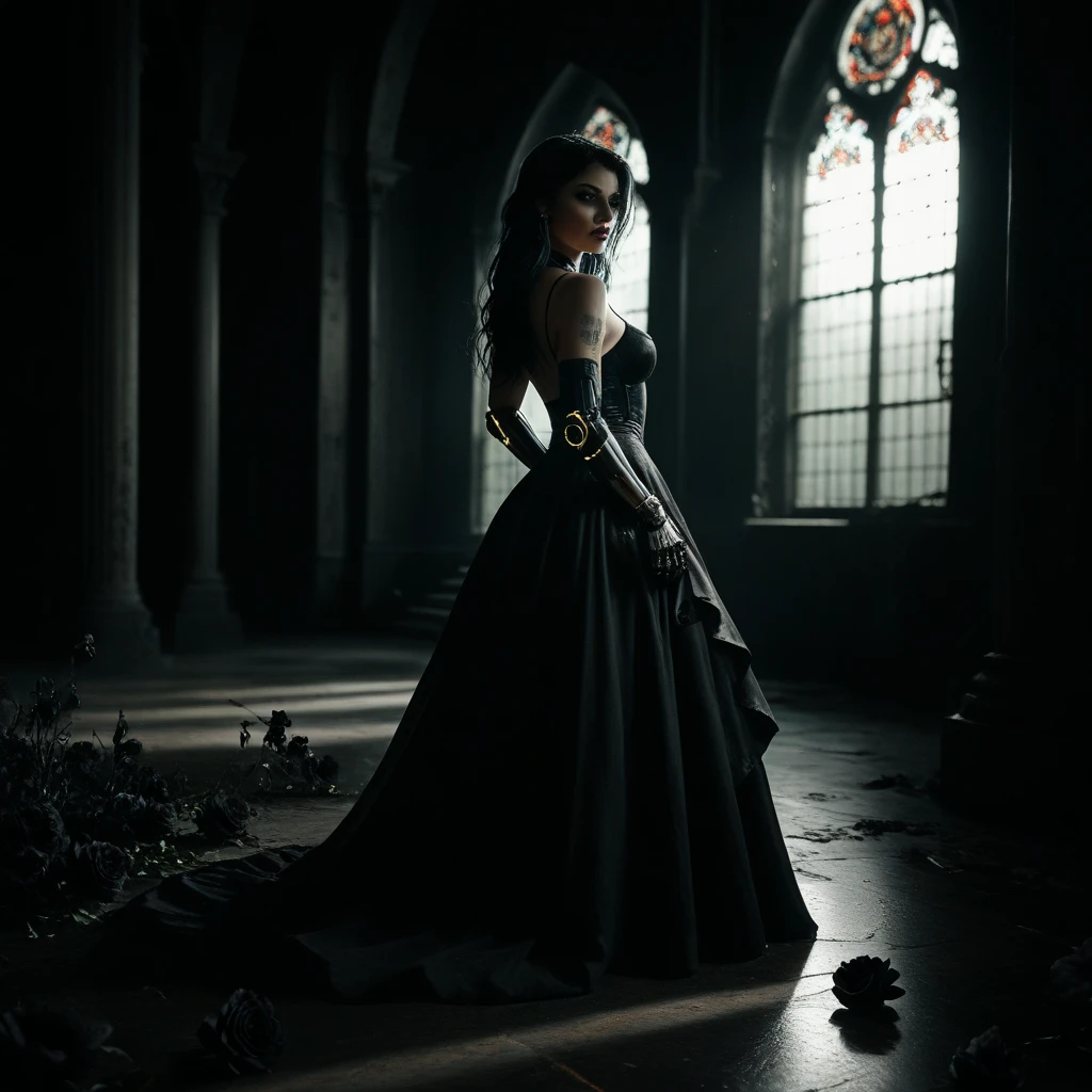 A beautiful woman with long black hair, (( Full body photo 1.7 )) , pale skin, red lips, Wearing a dark gothic dress, Standing in front of a mysterious castle, dramatic lighting, Very detailed, cinematic, (best quality,4K,8k,High resolution,masterpiece:1.2),Super detailed,(actual,photoactual,photo-actual:1.37),dramatic shadows, moody atmosphere, chiaroscuro lighting, Dark Fantasy, Gothic horror, drama composition