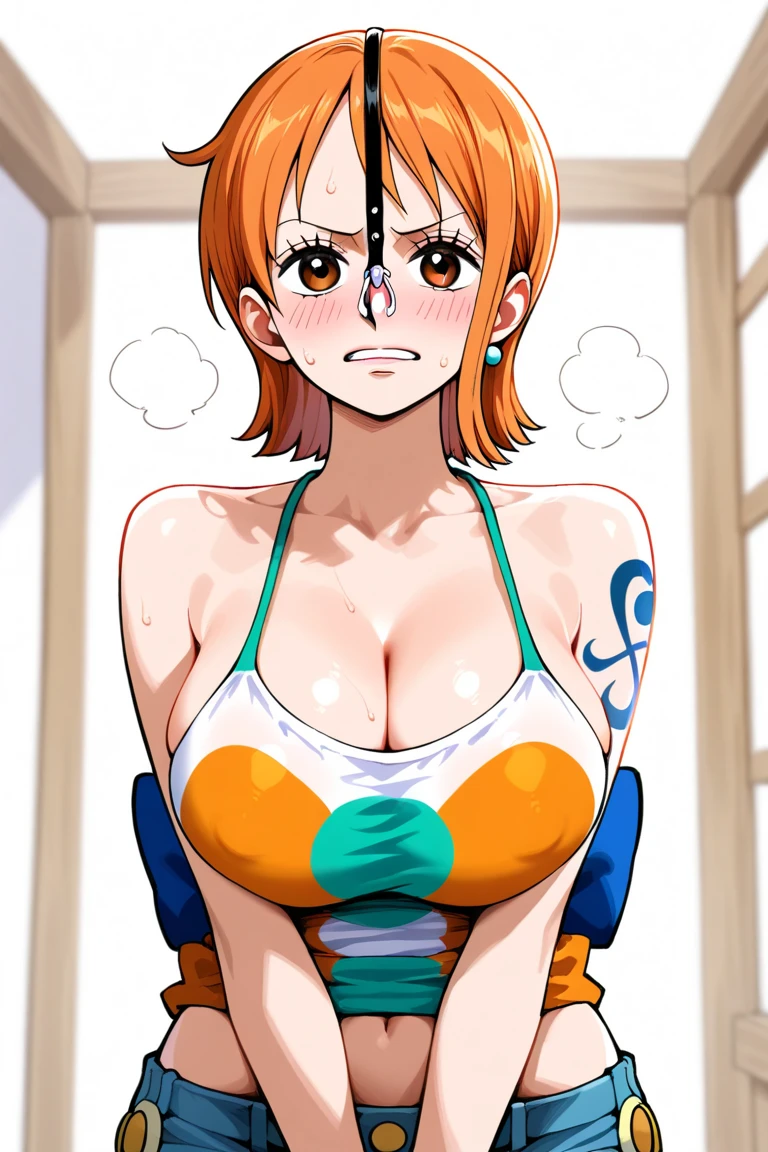 Nami,One piece,slicked high Top knot bun hairstyle,Big breast,Blue drop earring,Thin orange leopard print dress with cleavage,Wedding ring,Orange hair,Absalom wife,Necklace,Hoop bracelet,Long nail,Wide hips,gaze in viewer,Fullbody view,Solo,half eyes expression,Spouty lips,Mature,needy gesture,Tanned skin,