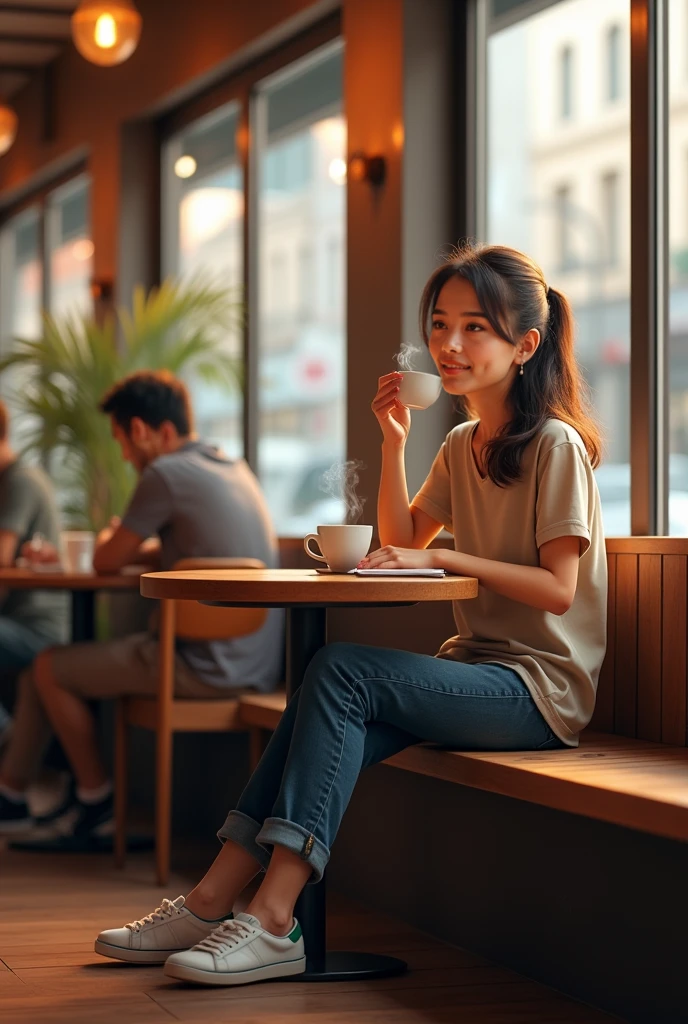 photograph of a girl in a cafe wearing white shorts, stopping by to say hi --auto --s2