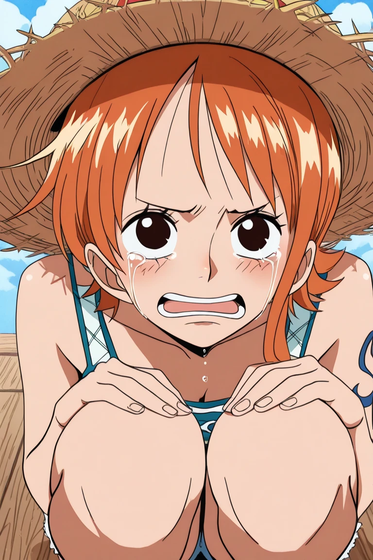 a cartoon picture of a woman in a bikini top and jeans, nami one piece, nami from one piece, nami, beautiful portrait of nami, from one piece, oppai, blue eyes, smoking, ponytail, nsfw
