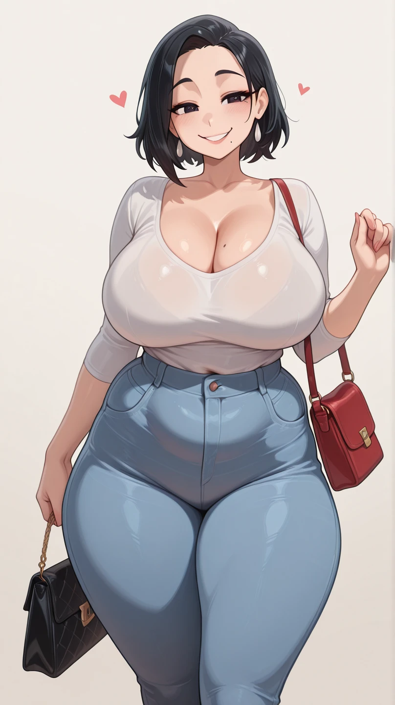 an adult woman, He has a robust and curvy build. Her hips and bust are pronounced, which gives you an hourglass figure, some wrinkles on the face, short brown hair, yellow eyes, big breasts, wide hips, wide stomach, thick thighs, low height, huge beige sweater, blue jeans, full body view, White background, alone