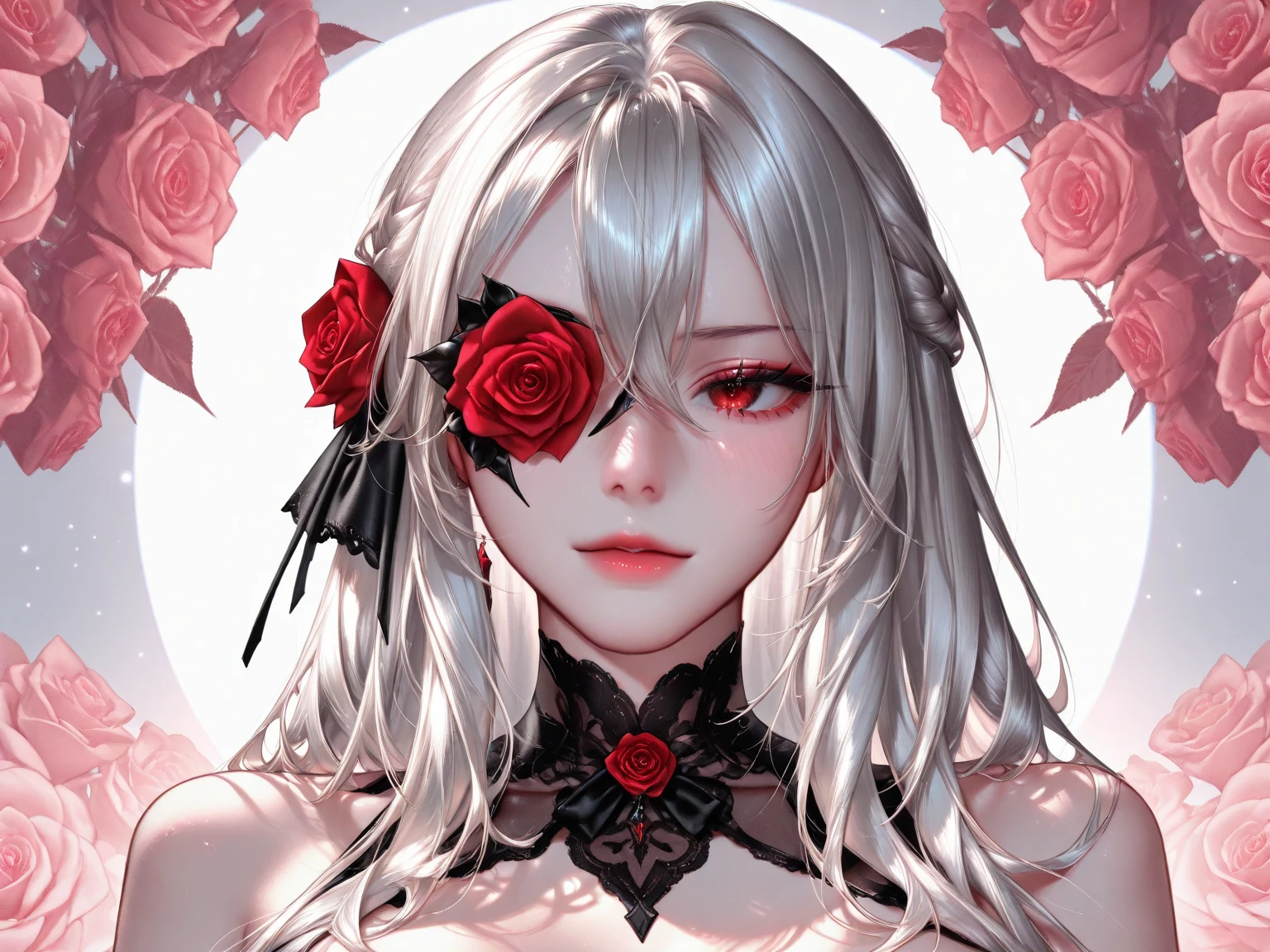 Blonde Girl,White hair,Red rose,necklace, Gu Weiss on pixiv artstation, Gu Weiss, Gu Weiss on artstation pixiv, artwork in the style of Gu Weiss, Gu Weiss masterpiece, Popular on artstation pixiv, Anime Art Wallpaper 4K, Anime Art Wallpaper 4K, Detailed digital anime,Beautiful and charming water blue eyes