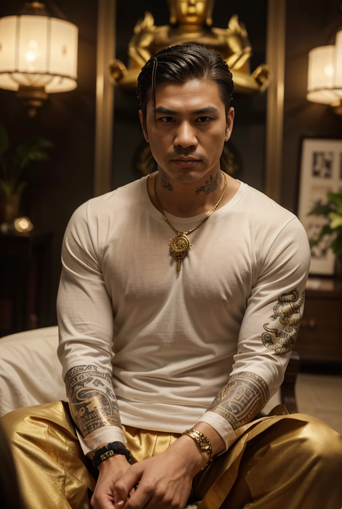 A Yakuza member receiving a traditional irezumi tattoo, marking their commitment to the organization for life, gold skin, gold effects, detail, shot, dramatic, daylight, indoor studio lights, medium shot , highly detailed, vibrant, detailed textures, medium shot, ultrawide, full length shot, realistic, bright, ultrarealistic, realistic focus face, bright scene, city, 8k ,hyper realistic, ultra detailed hyper realistic, photorealistic, Studio Lighting, reflections, Cinematic, historical accuracy, Color Grading, Photography, Shot on 50mm lens, Depth of Field, hyper-detailed, beautifully color, 8k
