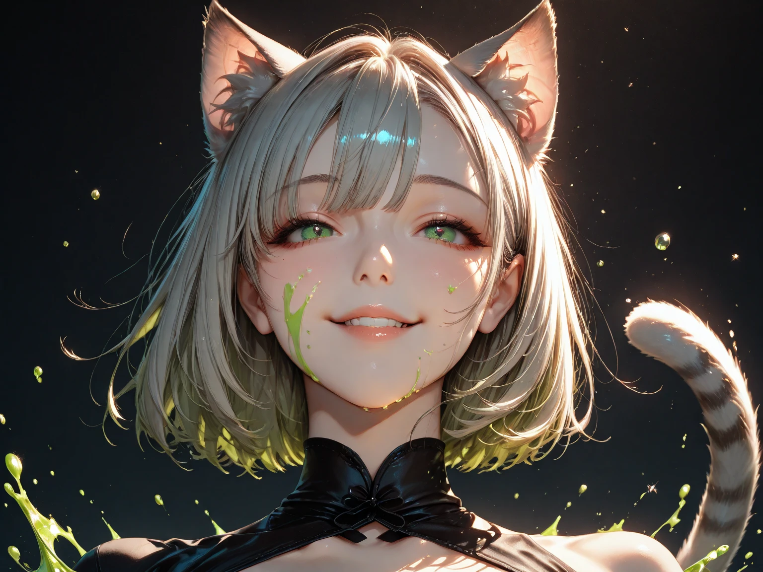 1 girl, tilted head, , straight hair/Tight fitting,bob hair /// hair above the eyes, red eye, kimono, open-shoulder, , object focus, Additional color, abstract, spray, splash art , action motion, simple background, masterpiece, high quality, 最high quality, high resolution//Possesses perfect beauty、32k photos taken on kimono{x}Full-length portrait elegant anime catwoman, Smooth gray hair  , And bright green eyes , スタイリッシュな現代風のkimonoに金の刺繍、 and cat tail , Which is visible from behind, / graceful, playful, and a gentle smile, Ornate cat ears, perfect face, Very exquisite facial features, Extremely clear eye details, Shrug.//kimonoを脱ぐ//肌けたkimono/ Very vulnerable /Shrug./I took off more than half// simple blurred background , from below, 彼女は32k解像度の現代的なkimonoを着ています, high quality, masterpiece.beautiful breasts/отключить/////panties/hovers in the air/pulls his panties aside //sight// cm. Here//spectators//beautiful eyes//