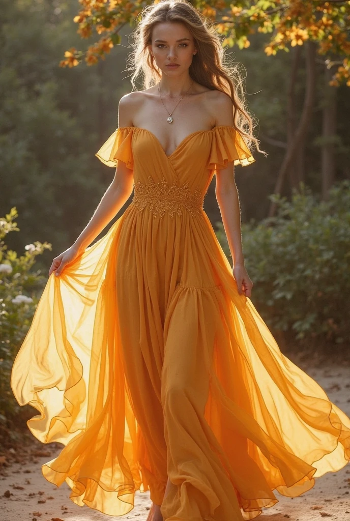 Full-body Woman, Standing, Wearing a Long Orange Dress: 1.0), Stunning Full-Body Woman, 1.0, Standing, Wearing a Long, Vibrant Orange Dress, Barefoot, 1girl, Arms Crossed Around Her Body, Tied with a White Rope, Mysterious, 1girl, Blindfolded with a White Bandage, Elegant, Full-length, Sophisticated, Detailed Clothing, Rustic Setting, Natural Lighting, Abundant Wildflowers, Crystal-clear Stream, Green Grass, Dappled Shadows, Whispering Wind, Fine Art, Oil Pain