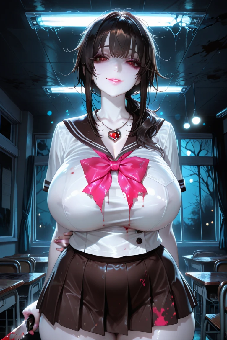 (High quality, High resolution, Fine details), crimson clouds surrounding the moon, (woman in sailor school uniform on a red full moon night:1.2), silhouette of tall buildings in the background, (deep blue sky), clear bright moon, (sailor suit), (short pleated skirt), BREAK white collar, BREAK red bow, BREAK white long socks, BREAK black shoes, solo, curvy women, Flowing red Hair, sparkling eyes, (Detailed eyes:1.2), smile, blush, Sweat, Oily skin, shallow depth of field, soft moonlight, faint shadow cast behind her, gigantic breasts, giga_busty